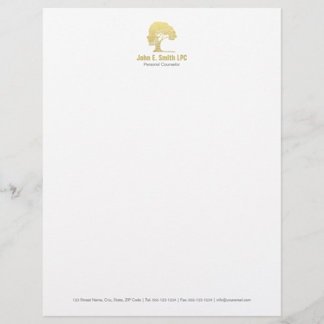 Creative Psychologist Personal Counselor Faux Gold Letterhead (Front)