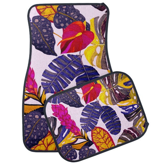 Creative seamless pattern with tropical leaves and car floor mat (Set)