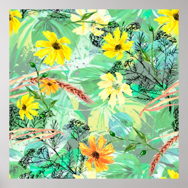 Creative seamless watercolor pattern of plants, He Poster (Front)