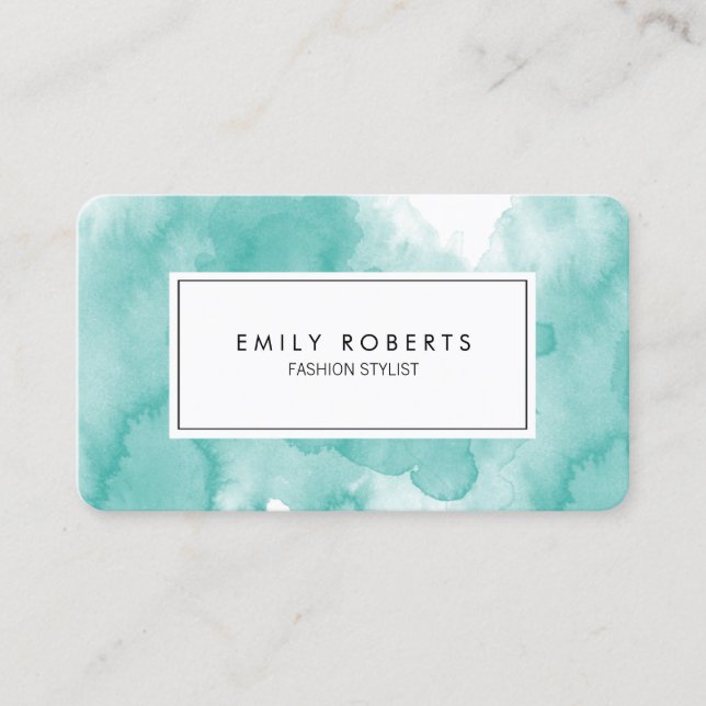 Creative Teal Watercolor Fashion Stylist Business Card (Front)