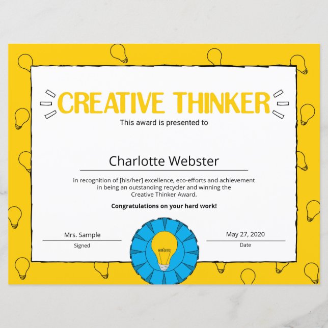 Creative Thinker Certificate of Achievement PDF (Front)