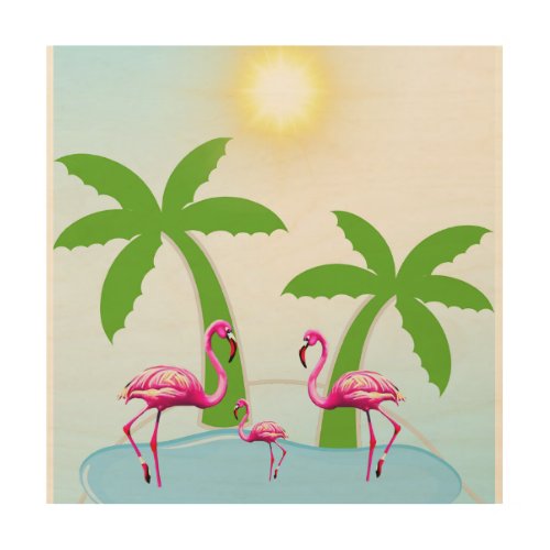 Creative Tropical Scene Pink Flamigos Wood Wall Art