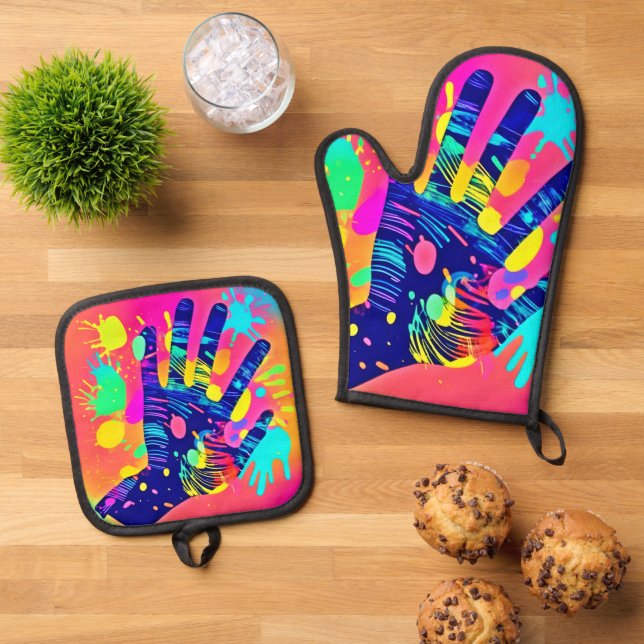 Creative Vibrant Hand Splash Art Oven Mitt & Pot Holder Set (Top Down)