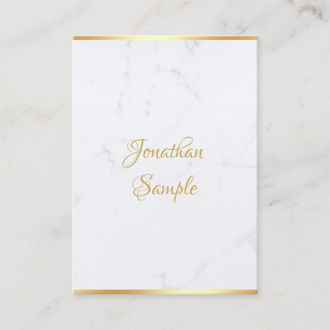 Creative White Marble Gold Modern Hand Script Text Business Card (Front)