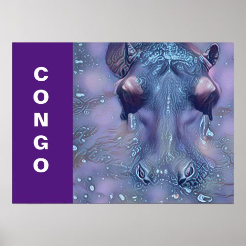 Creative Wildlife Purple Hippopotamus Congo Travel Poster