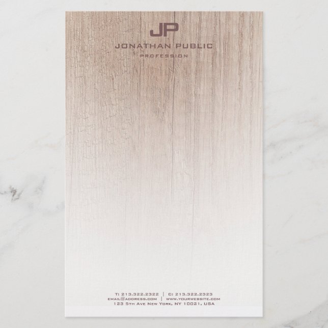 Creative Wood Look Elegant Monogrammed Template Stationery (Front)