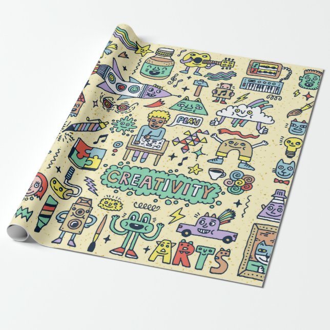 Creativity Activities Funny Doodle Cartoon Set 1.  Wrapping Paper (Unrolled)