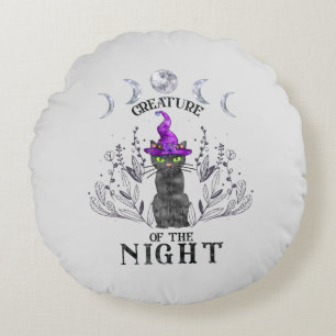 Creatures of the Night – Halloween Black Cat Round Pillow