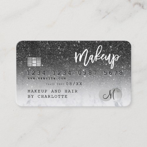 Credit card black glitter marble chic monogram