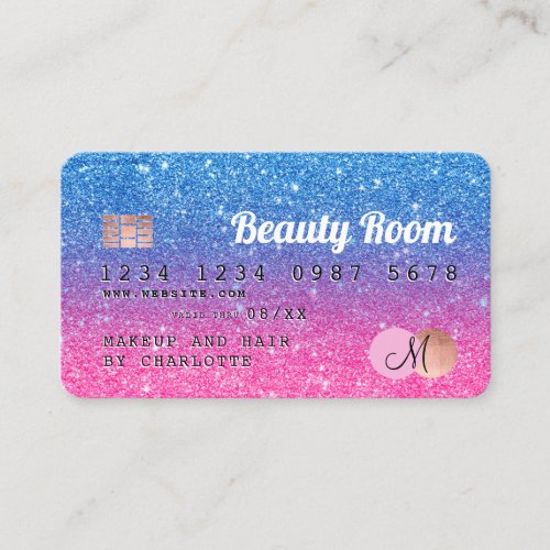 Credit card blue pink glitter beauty monogram