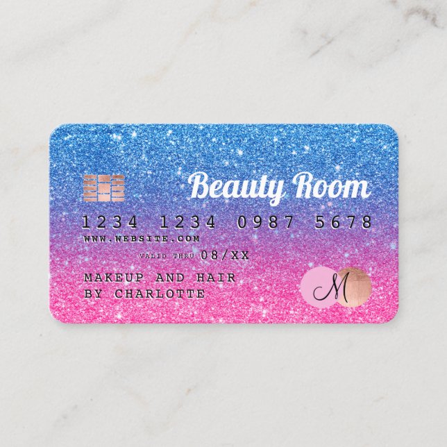 Credit card blue pink glitter beauty monogram (Front)