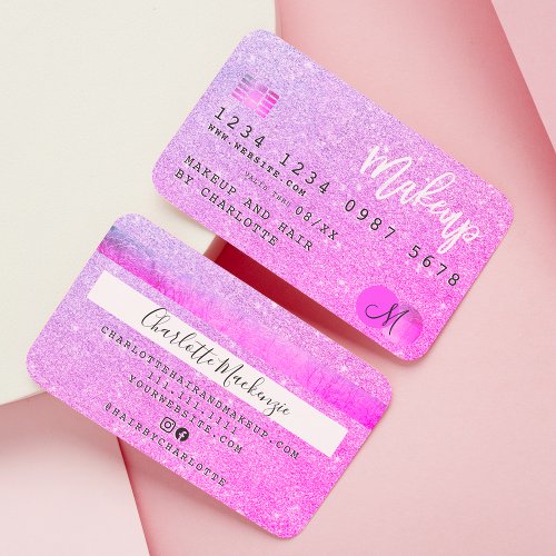 Credit card chic pink glitter makeup hair monogram