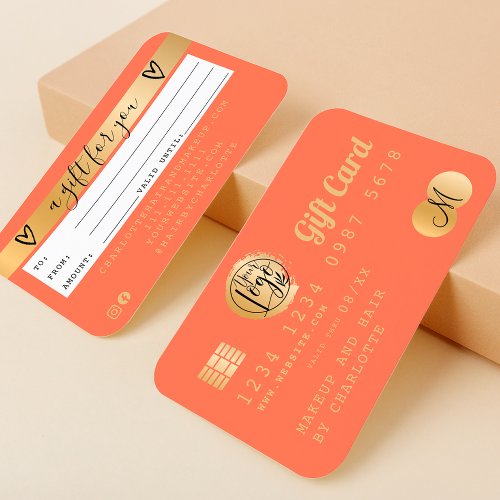 Credit card coral orange gold foil gift card
