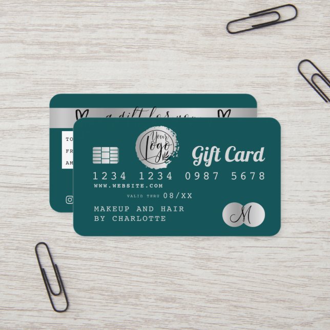 Credit card emerald green silver foil gift card (Front/Back In Situ)