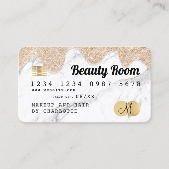 Credit card girly gold glitter drips marble beauty (Front)