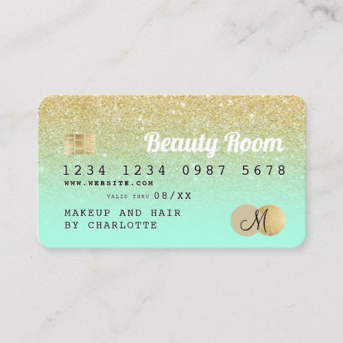 Credit card gold glitter beauty mint monogram