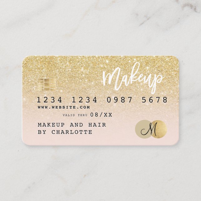 Credit card gold glitter blush pink girly monogram (Front)