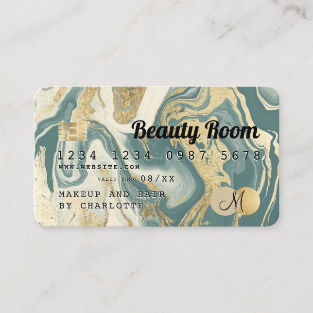 Credit card gold marble teal dark beauty monogram (Front)