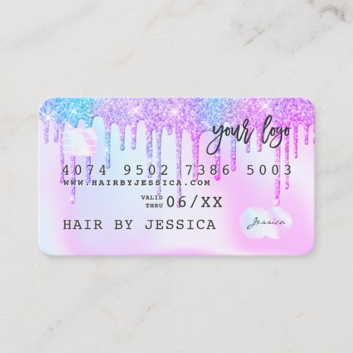 Credit card holographic unicorn pink glitter drips