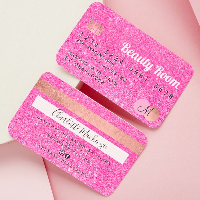 Credit card neon pink glitter beauty monogram