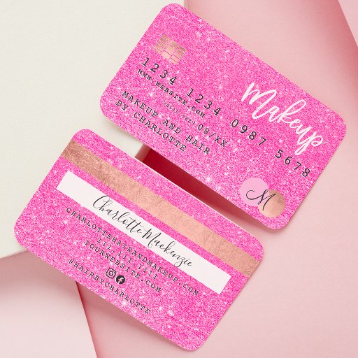 Customizable Credit card neon pink glitter makeup hair monogram