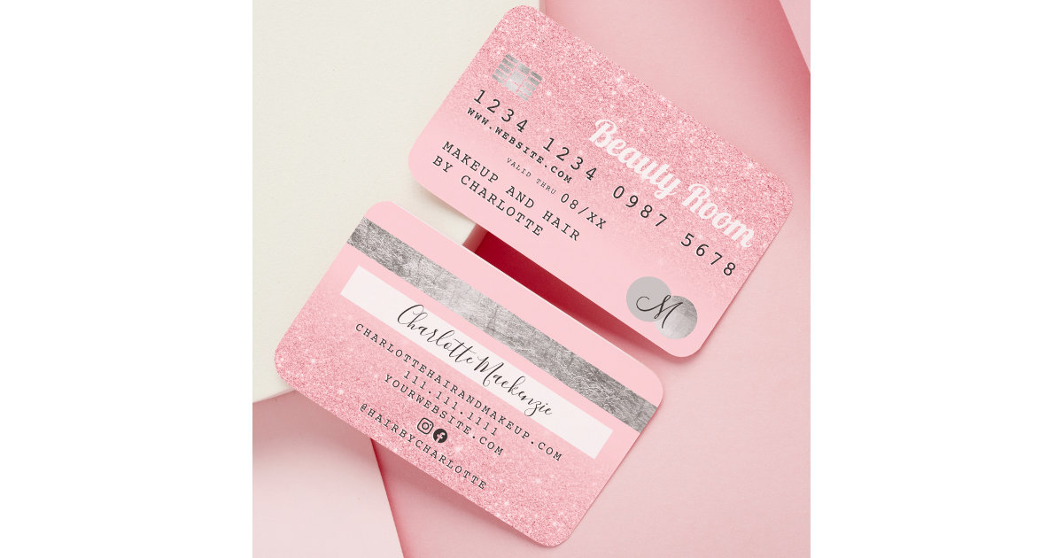 Credit card pink glitter beauty silver monogram | Zazzle