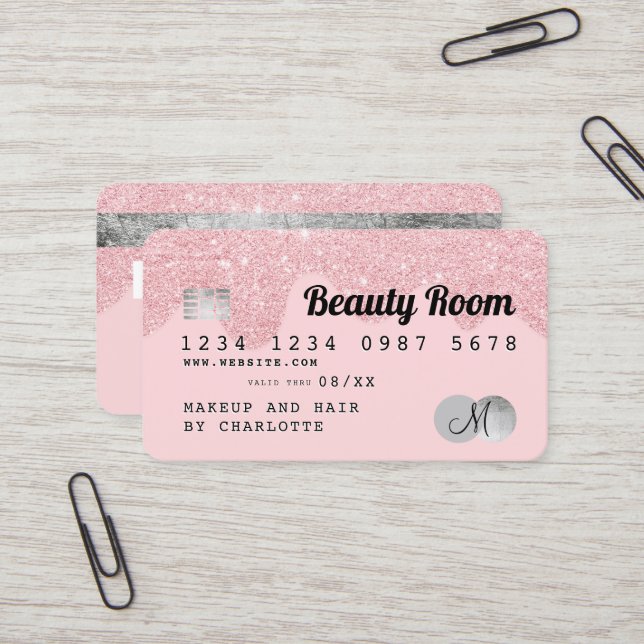 Credit card pink glitter drips silver monogram (Front/Back In Situ)