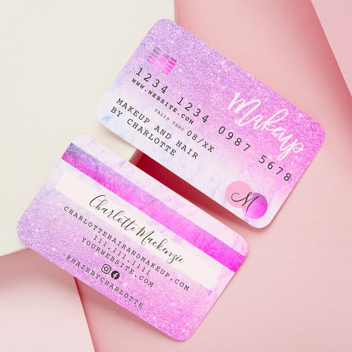 Credit card pink purple glitter marble monogram