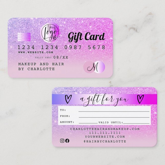 Credit card pink purple glitter ombre gift card (Front/Back)