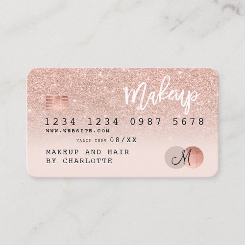 Credit card rose gold glitter blush pink monogram