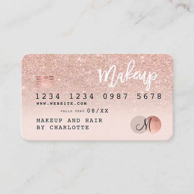 Credit card rose gold glitter blush pink monogram (Front)