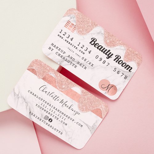Credit card rose gold glitter drips marble beauty
