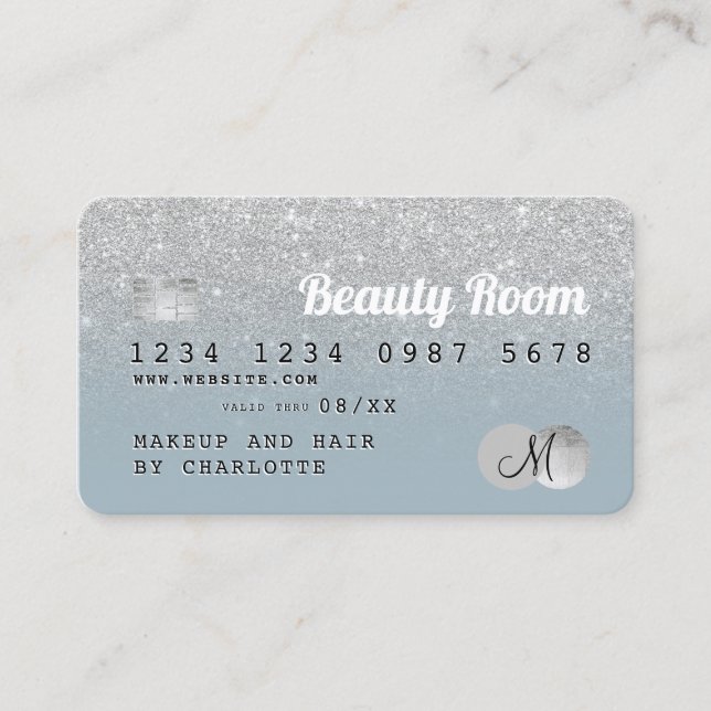 Credit card silver glitter beauty blue monogram (Front)