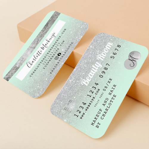 Credit card silver glitter beauty mint monogram