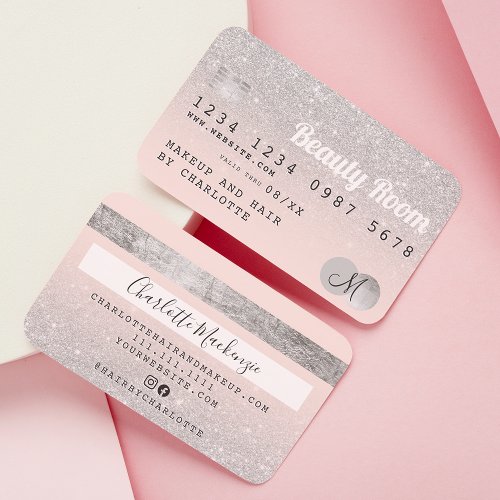 Credit card silver glitter beauty pink monogram