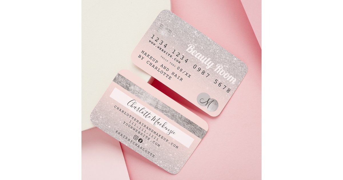 Credit card silver glitter beauty pink monogram | Zazzle