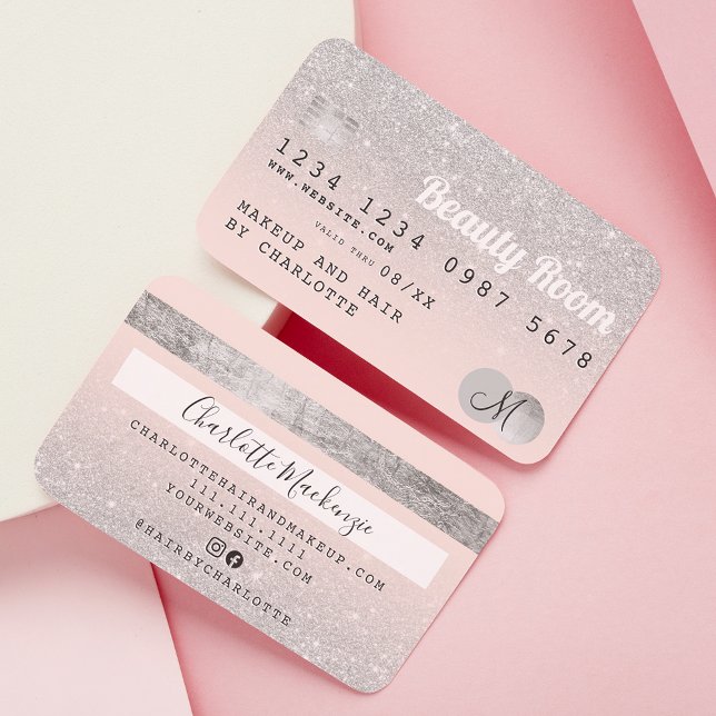 Credit card silver glitter beauty pink monogram (Creator Uploaded)