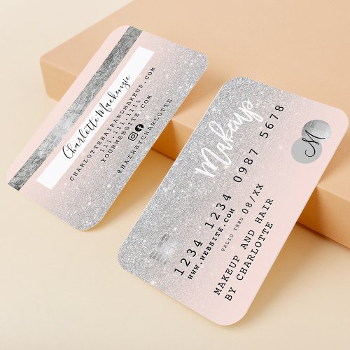 Credit card silver glitter blush pink monogram