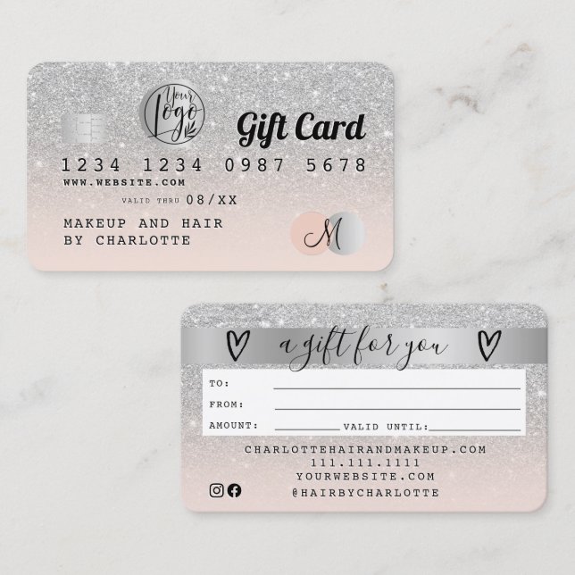Credit card silver glitter ombre gray gift card (Front/Back)
