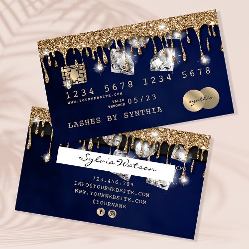 Credit Card Styled Dripping Gold Navy Diamonds