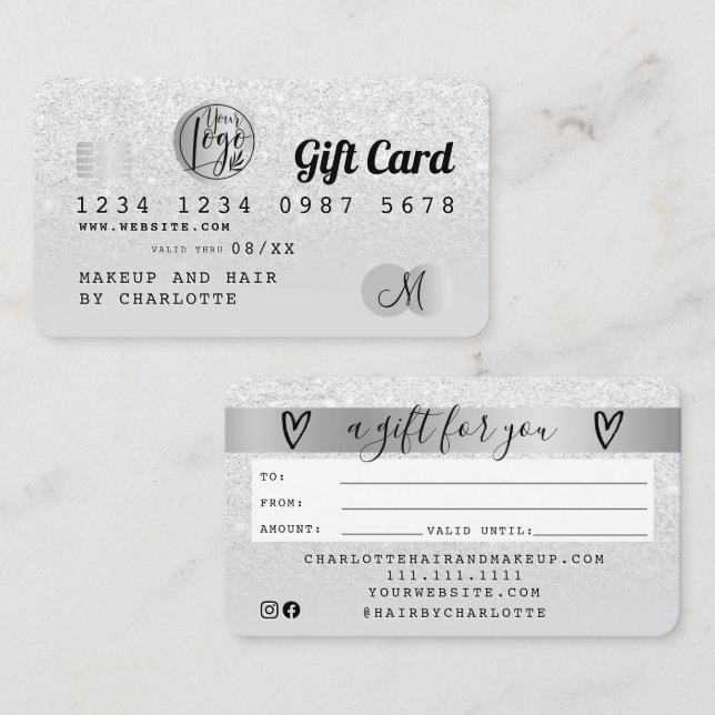 Credit card white glitter ombre silver gift card (Front/Back)