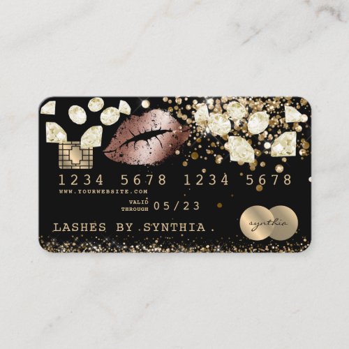 Credit Debit Card Styled Glitter Gold lips diamond