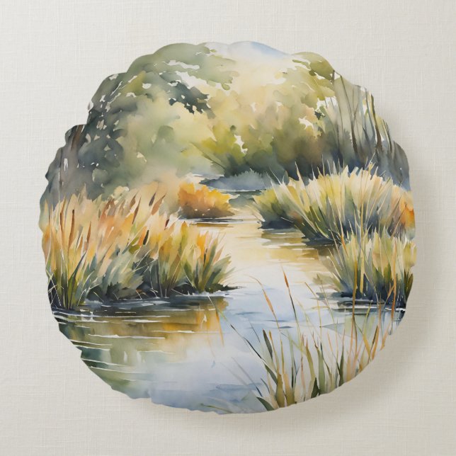 Creek Reeds Waterscape Round Pillow (Front)