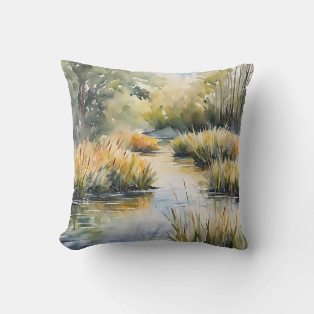 Creek Reeds Waterscape Throw Pillow (Front)