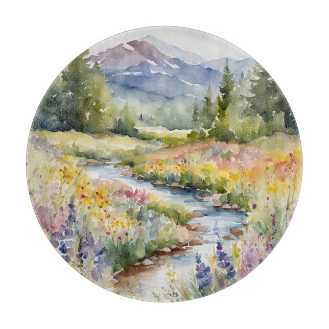 Creek Wildflowers Mountains Waterscape Watercolor  Cutting Board (Front)