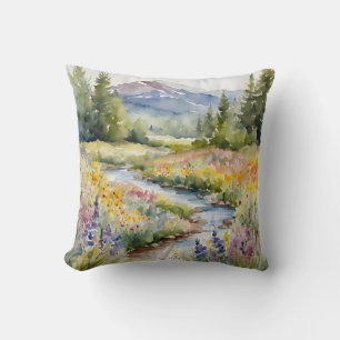 Creek Wildflowers Mountains Waterscape Watercolor  Throw Pillow