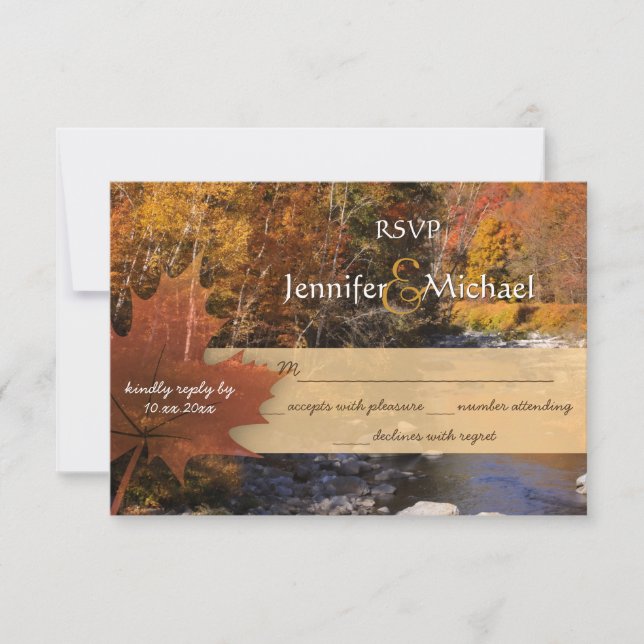 Creekside woods maple leaf autumn wedding RSVP (Front)