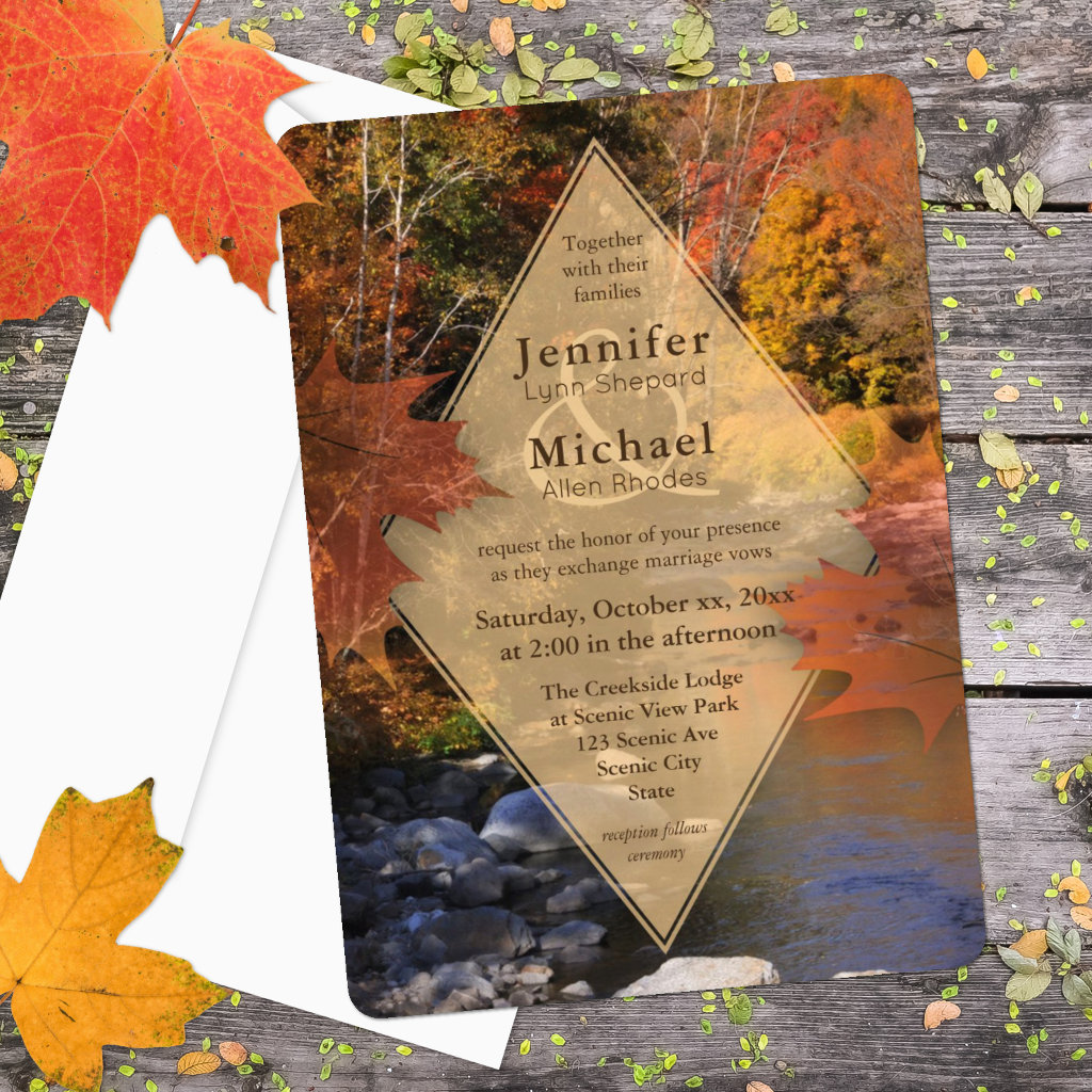 Creekside woods maple leaves autumn wedding invitation