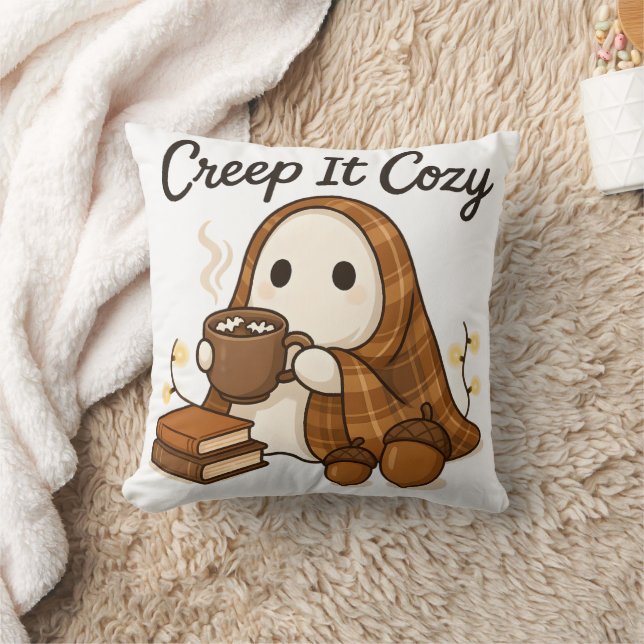 Creep It Cozy Cute Ghost Halloween Fall Script Throw Pillow (Blanket)