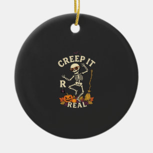 Creep It Real Dancing Skeleton Pumpkin Broom_1 Ceramic Ornament